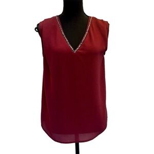 RW&CO burgundy red rock crystal rhinestone V-neck sleeveless blouse Sz XS